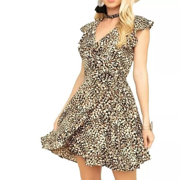 Free People Black Brown French Quarter Print Ruffle Wrap Mini Dress Sz XS - Picture 2 of 13